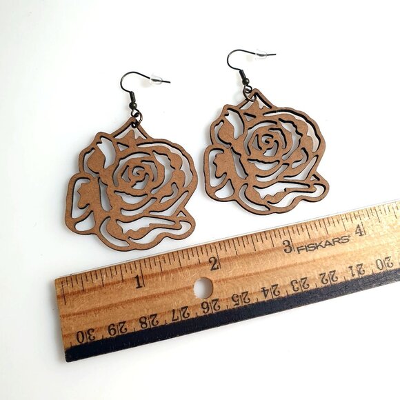 Laser Cut Chipboard Rose Dangle Earrings Lightweight Floral Brown Hook Closure - Picture 3 of 3